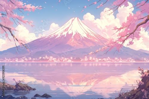 Enchanting Anime-Style Pink Mount Fuji Wallpaper: A Cherry Blossom Aesthetic with AI-Generated Abstract Art for Game Concept and 4K Illustrative Fantasy,anime style