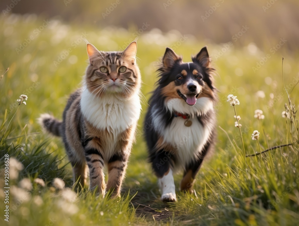 Cat and Dog Walking Together Through Green Grass Cat and Dog Walking Together Through Green Grass