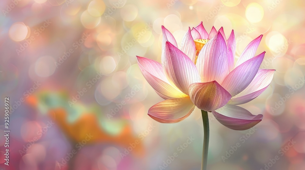 Create an artistic representation of a lotus flower with a focus on its graceful curves and vibrant colors, using a softly blurred background to highlight the bloom Create an artistic representation of a lotus flower with a focus on its graceful curves and vibrant colors, using a softly blurred background to highlight the bloom