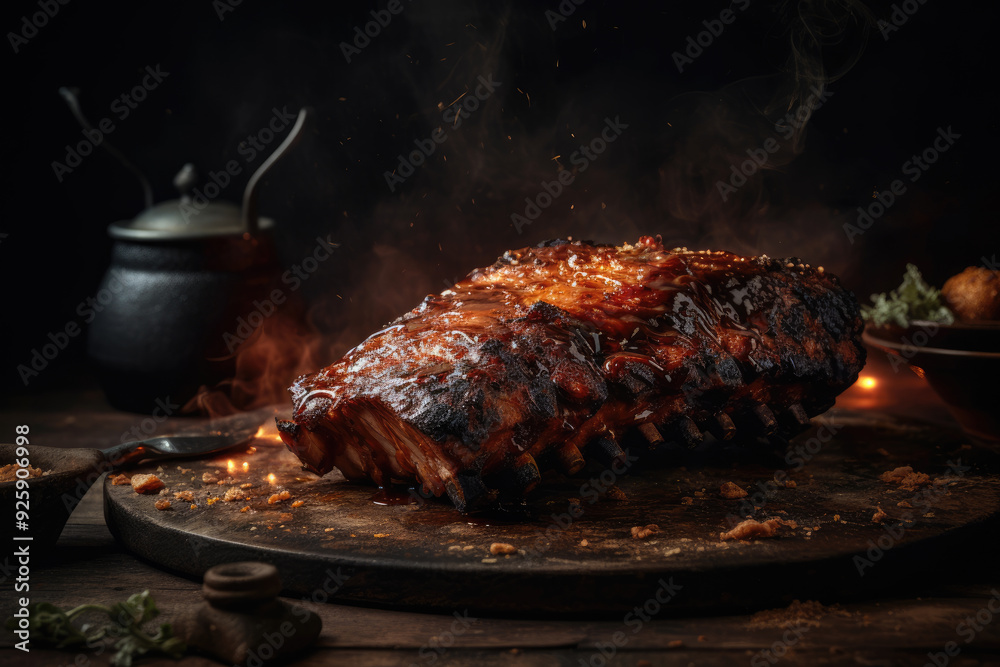 BBQ Ribs with Dark Food Photography Smoky and Fire Flame Background ...