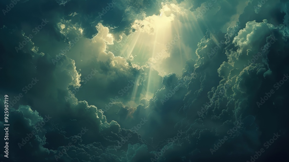 Create an atmospheric scene of dark clouds obscuring the sun, with rays of light breaking through the gaps, creating a moody and dramatic effect