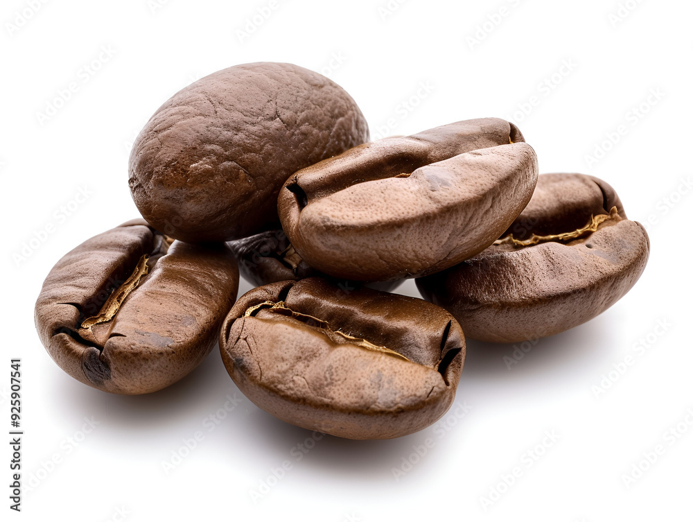 Obraz premium close-up view of roast coffee beans isolated on white background. Coffee beans isolated on white. Roasted coffee beans on white background. macro photo of coffee grains. coffee beans background