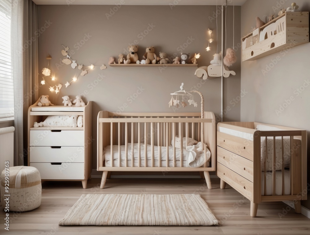A Minimalist Nursery with a Wooden Crib, Dresser, and Shelf A Minimalist Nursery with a Wooden Crib, Dresser, and Shelf