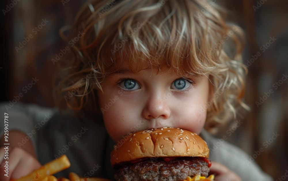 Naklejka premium Fat boy eating junk food
