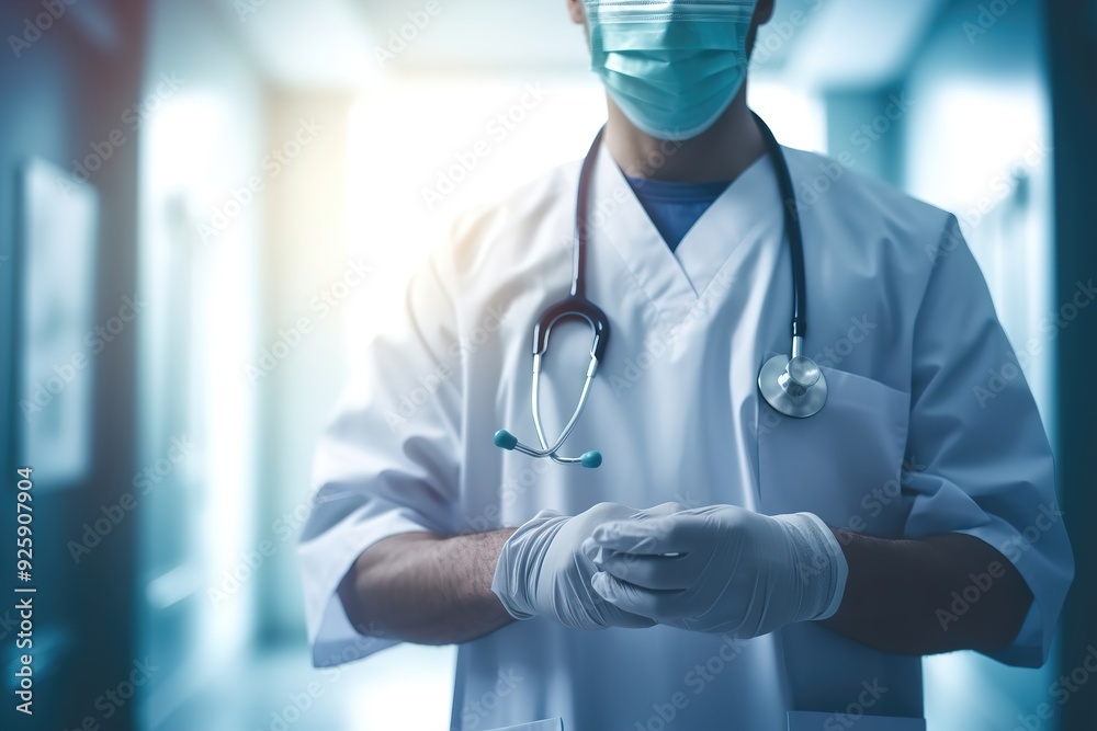 a doctor in a robe with a stethoscope stands in a hospital corridor a doctor in a robe with a stethoscope stands in a hospital corridor