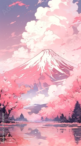 Pink-Hued Mount Fuji Wallpaper: A Stylized Anime-Inspired Cherry Blossom Landscape, Abstract Art for Gaming and Storybook Illustrations. photo