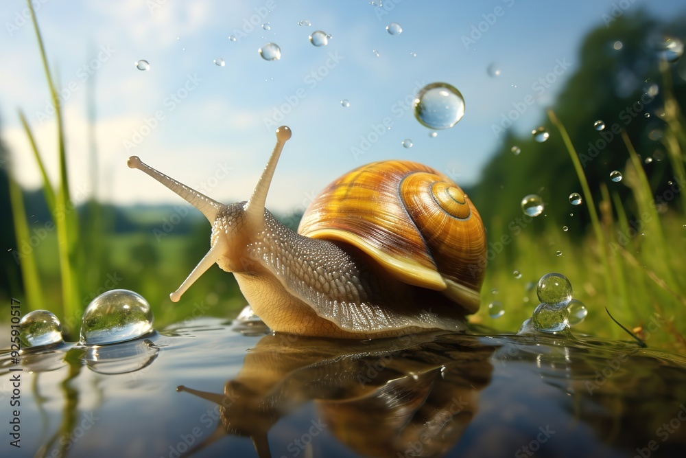 snail on water surrounded by water drops against green plants snail on water surrounded by water drops against green plants