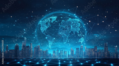 city skyline view with earth globe network connection world map