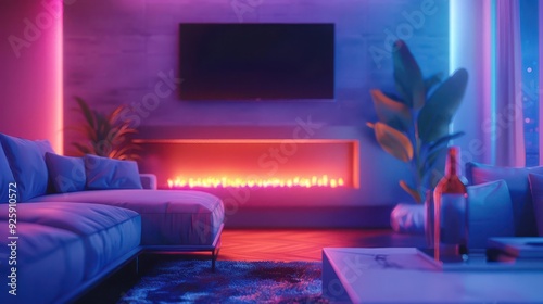 Cozy living room, futuristic fireplace, soft neon glow, high detail