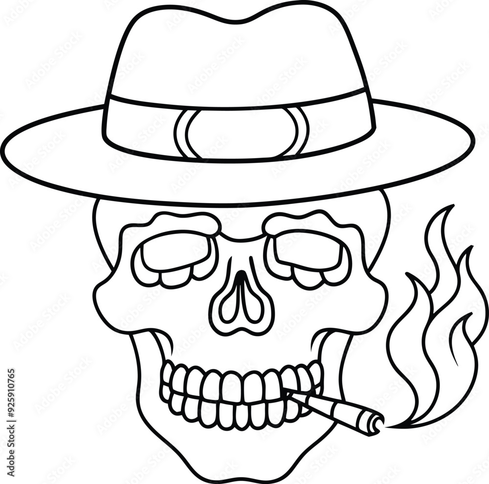 skull wearing hat doing smoke line art illustration skull wearing hat doing smoke line art illustration