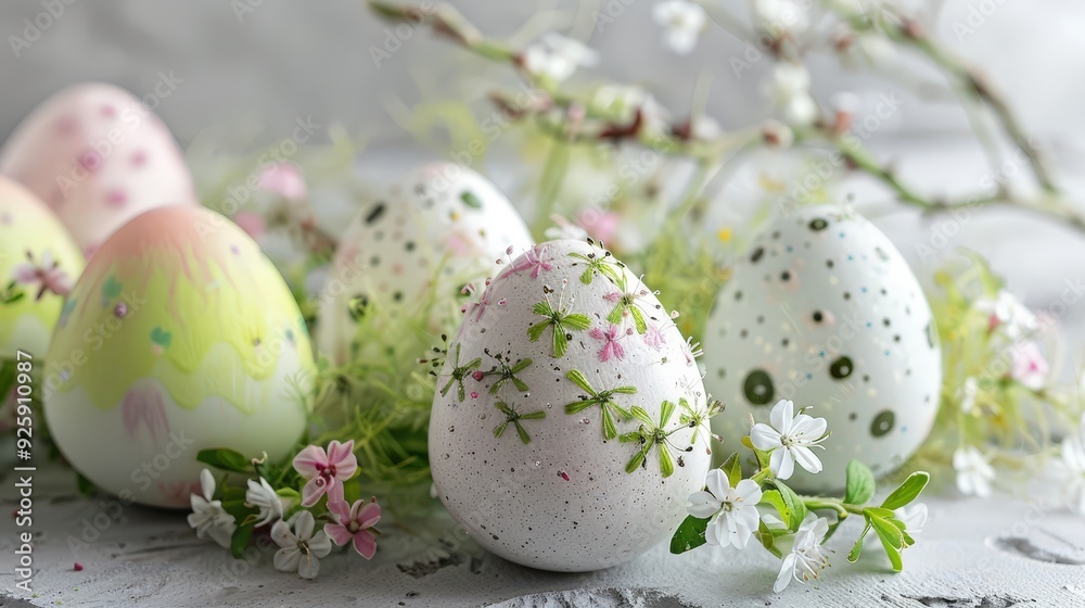Create an image of Easter eggs decorated with eco-friendly materials, highlighting a commitment to sustainability and nature. Create an image of Easter eggs decorated with eco-friendly materials, highlighting a commitment to sustainability and nature.