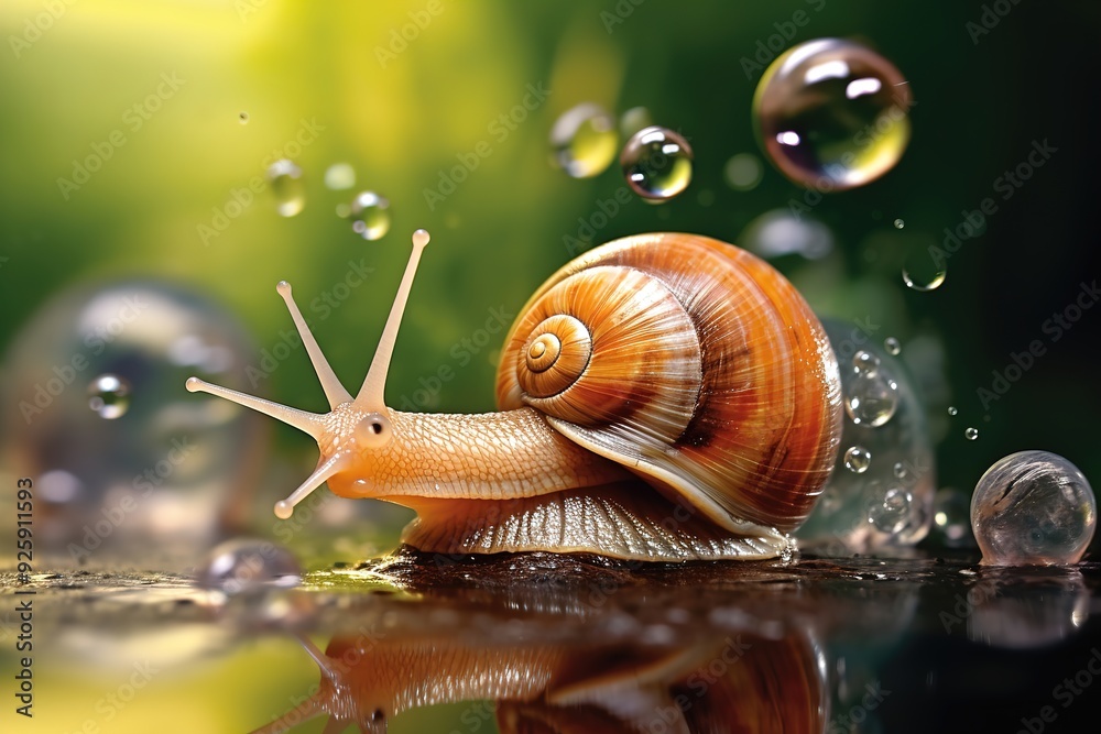 snail on the surface of the water with drops of water on the background of nature snail on the surface of the water with drops of water on the background of nature
