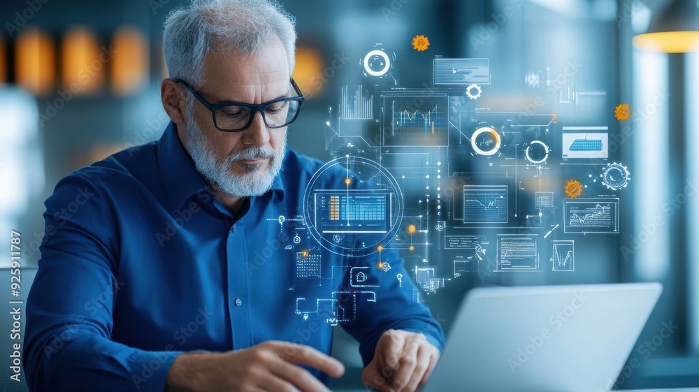 An elderly man using a laptop, surrounded by digital interface graphics, symbolizing technology and innovation. An elderly man using a laptop, surrounded by digital interface graphics, symbolizing technology and innovation.