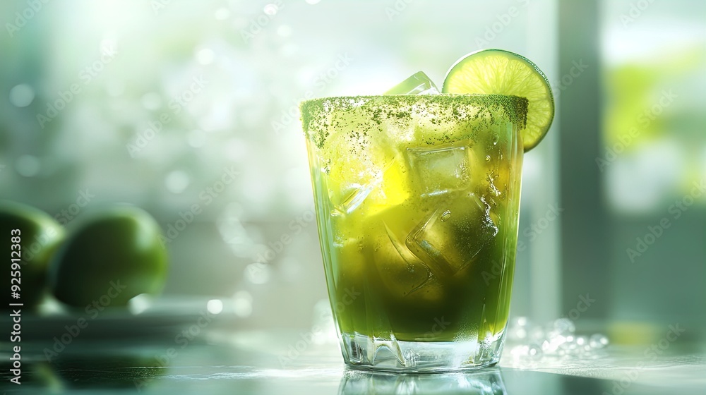 Refreshing Frosty Green Matcha Tea: Perfect for a Sports-Themed Poster – Elegant Indoor Setting with Ice Cubes, Matcha Rim, and Lime Slice Illuminated by Soft Natural Light