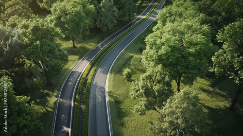 Create an image of two roads in an urban park, with one road running through wooded areas and the other along open green spaces