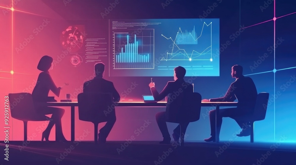 Silhouettes of business people in meeting room with graphs on screen, illuminated by pink and blue light.