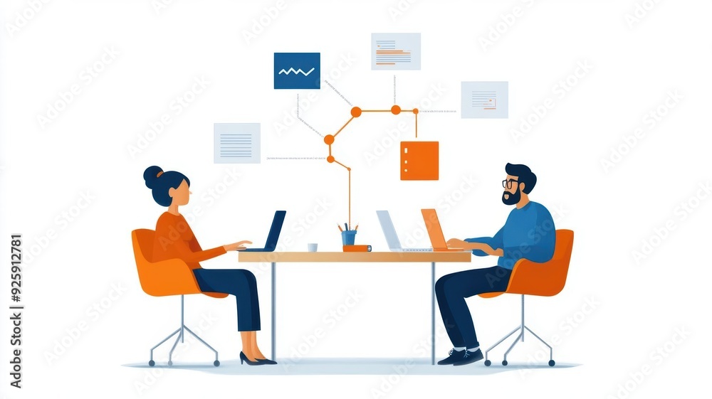 Two professionals collaborate at a modern workspace, analyzing data and discussing strategies with laptops and visual elements. Two professionals collaborate at a modern workspace, analyzing data and discussing strategies with laptops and visual elements.