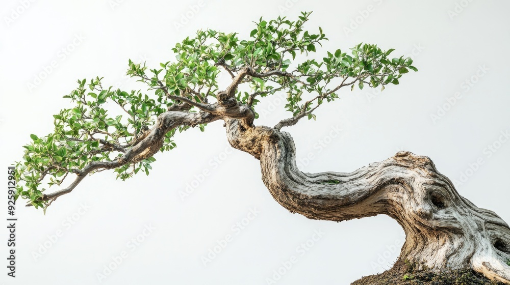 A bonsai tree with gnarled branches and lush green leaves against a white background. A bonsai tree with gnarled branches and lush green leaves against a white background.