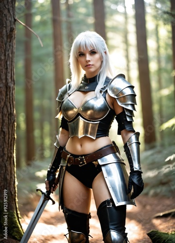 a woman in a cosplay standing in the woods with a sword in her hand 