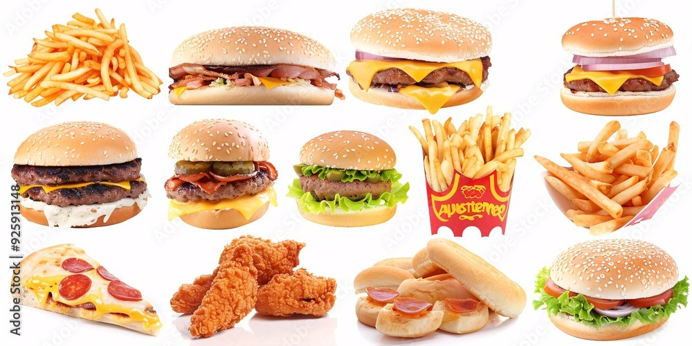 A selection of quick meals, including fried chicken, fries, pizza, sandwiches, bacon, beef burgers, burritos, noodles, and nacho chips, displayed on a white background. A selection of quick meals, including fried chicken, fries, pizza, sandwiches, bacon, beef burgers, burritos, noodles, and nacho chips, displayed on a white background.