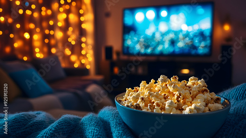 A cozy living room with a TV on and a bowl of popcorn on the table photo