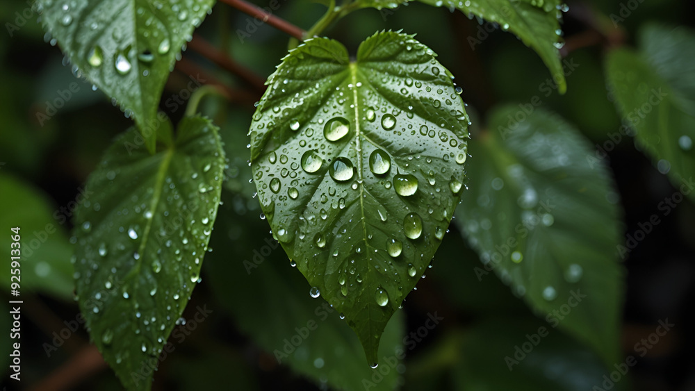 Fresh Raindrops on Green Leaves, A Natural and Refreshing Scene from a Garden Plant Fresh Raindrops on Green Leaves, A Natural and Refreshing Scene from a Garden Plant