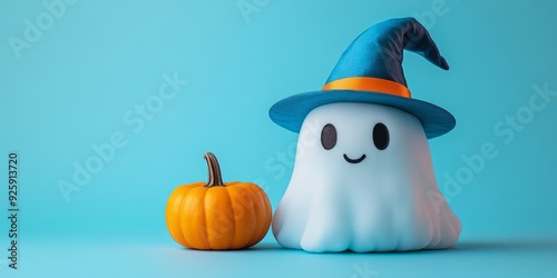 A ghost wearing a blue witch hat next to a small pumpkin. photo