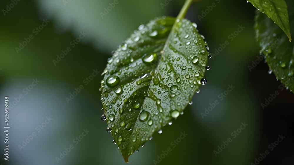 Water Drops on Green Leaves. Fresh and Natural Beauty in a Simple, Elegant Scene.