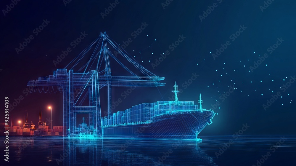 Trade port low poly wireframe banner template. Digital vector cargo ...