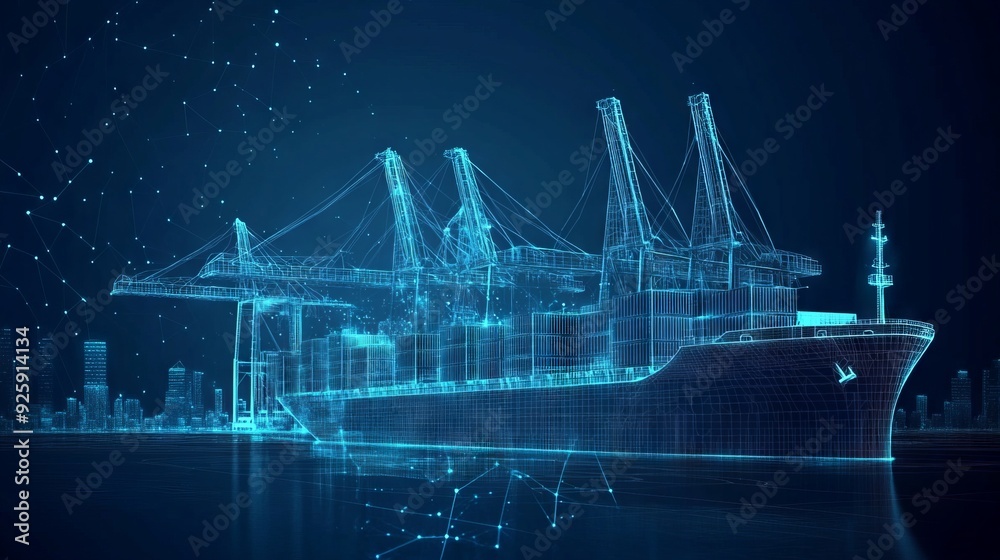 Trade port low poly wireframe banner template. Digital vector cargo ...