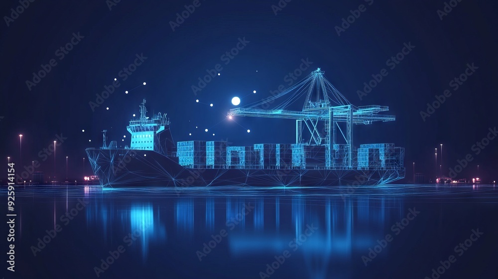 Trade port low poly wireframe banner template. Digital vector cargo ...