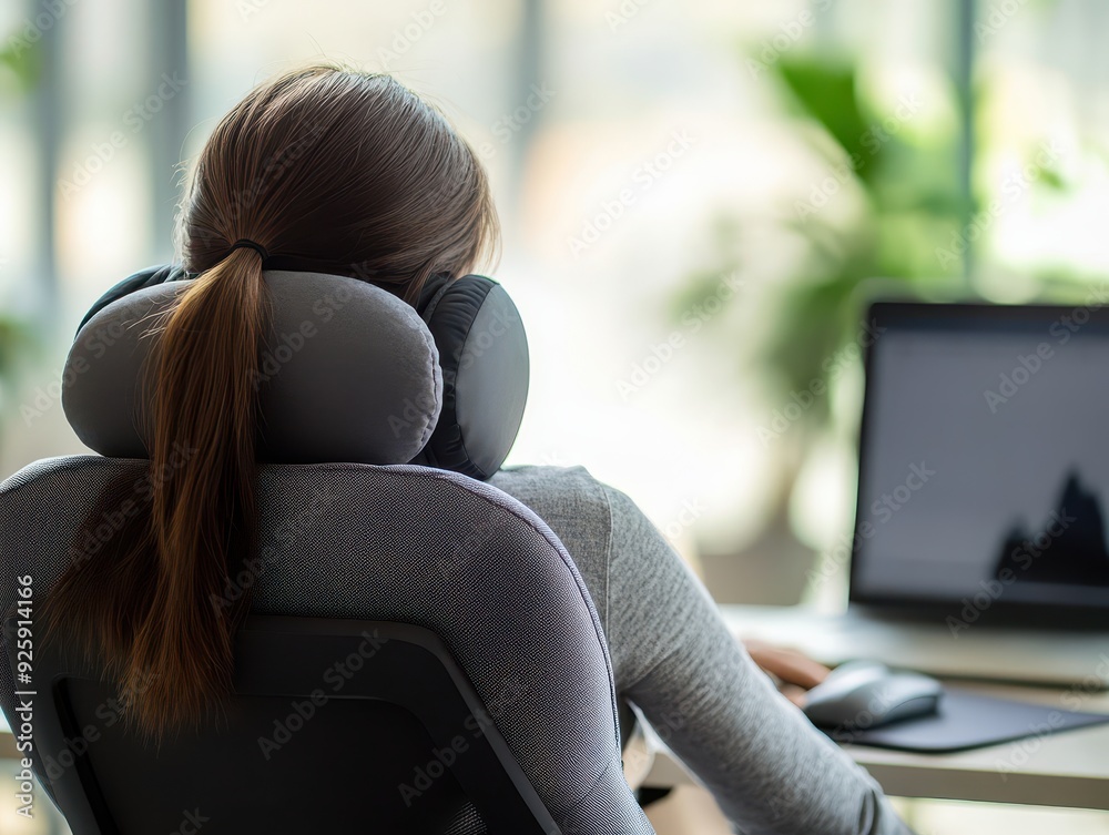 Employee using a neck massager and lumbar support pillow in an ergonomic chair, symbolizing selfcare and therapy for office syndrome, office therapy, ergonomic health Employee using a neck massager and lumbar support pillow in an ergonomic chair, symbolizing selfcare and therapy for office syndrome, office therapy, ergonomic health