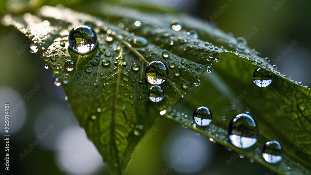 Amazing Macro of Large Clear Water Drops on Green Leaves. Sunlit Reflections Creating a Stunning Effect.