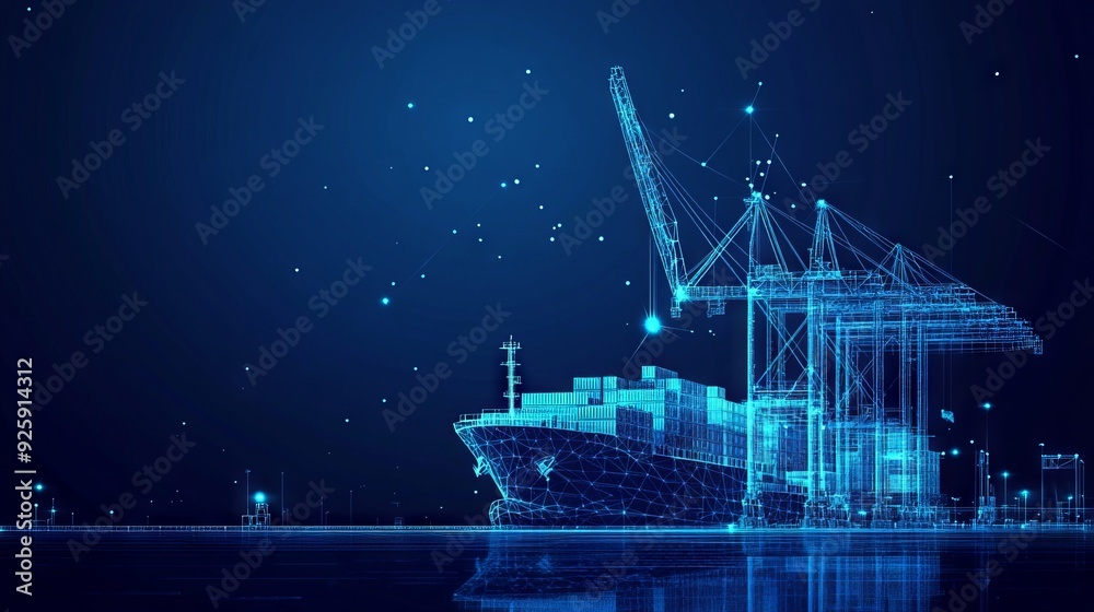 Trade port low poly wireframe banner template. Digital vector cargo ...