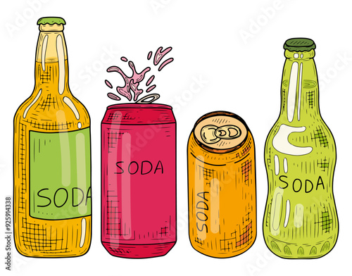 Set soda lemonade in bottle flat. Carbonated drink. Sweet water. Hand drawn vector illustration.