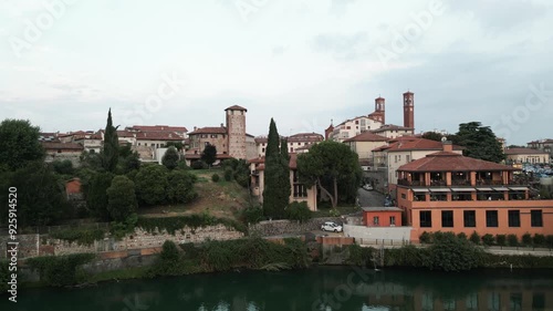 Rivershore Town Overlooking Tempio Ossario Catholic Church In Bassano del Grappa, Italy. Aerial Drone Shot photo