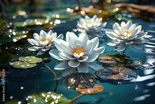 A close-up of a lily pad floating on water photo