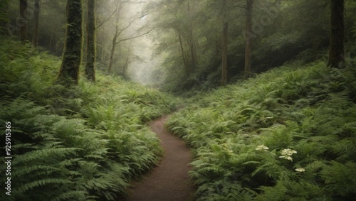 Misty forest path winding through lush ferns in ethereal woodland