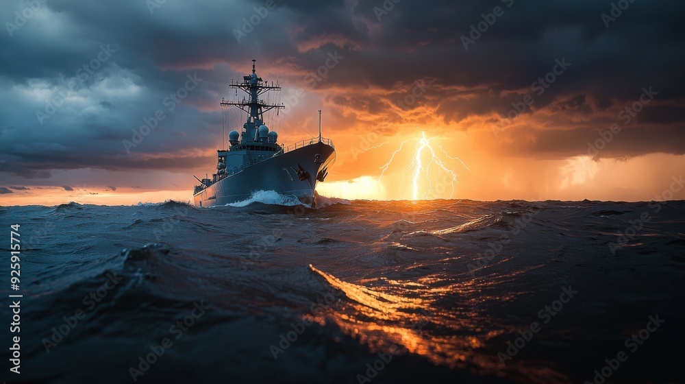 A detailed, realistic photo of a battleship at sea under a stormy sky, with a lightning strike hitting the water nearby. The photo focuses on the battleship is metal hull and rugged features, with A detailed, realistic photo of a battleship at sea under a stormy sky, with a lightning strike hitting the water nearby. The photo focuses on the battleship is metal hull and rugged features, with