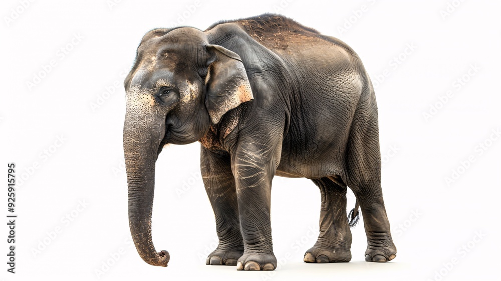 An Asian bull elephant standing alone against a blank white backdrop. An Asian bull elephant standing alone against a blank white backdrop.