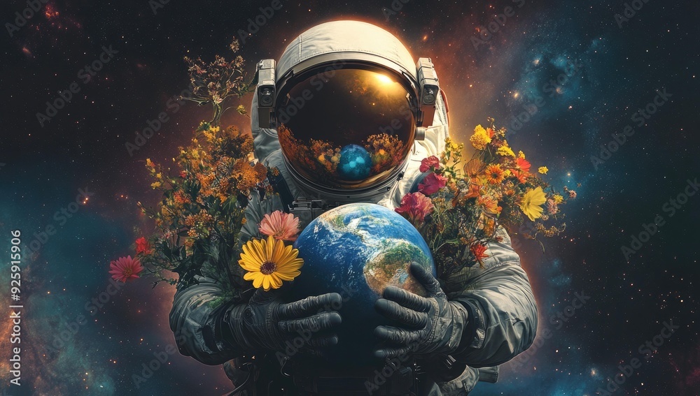 Fototapeta premium Astronaut holding Earth with flowers in space.