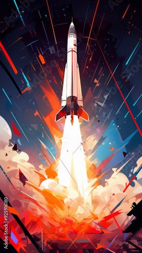 Stylized Rocket Launch Illustration: A Geometric Spectrum of Colors on an Abstract Background Evoking Innovation and Exploration photo