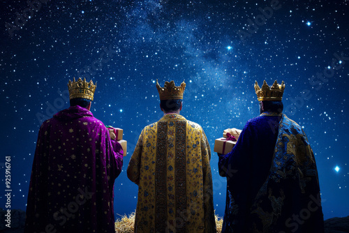 Three kings observing the night sky while holding gifts on a clear starry evening photo