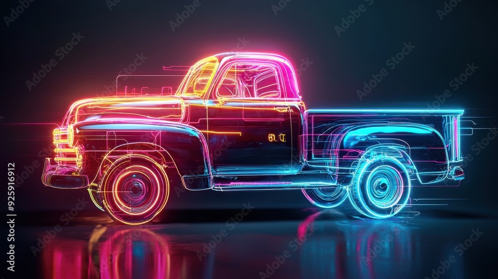 Neon 1950 is style pickup truck with vibrant pink and blue lights under a dark, glossy black background. The truck is chrome details and classic curves are highlighted by the neon glow, creating a Neon 1950 is style pickup truck with vibrant pink and blue lights under a dark, glossy black background. The truck is chrome details and classic curves are highlighted by the neon glow, creating a