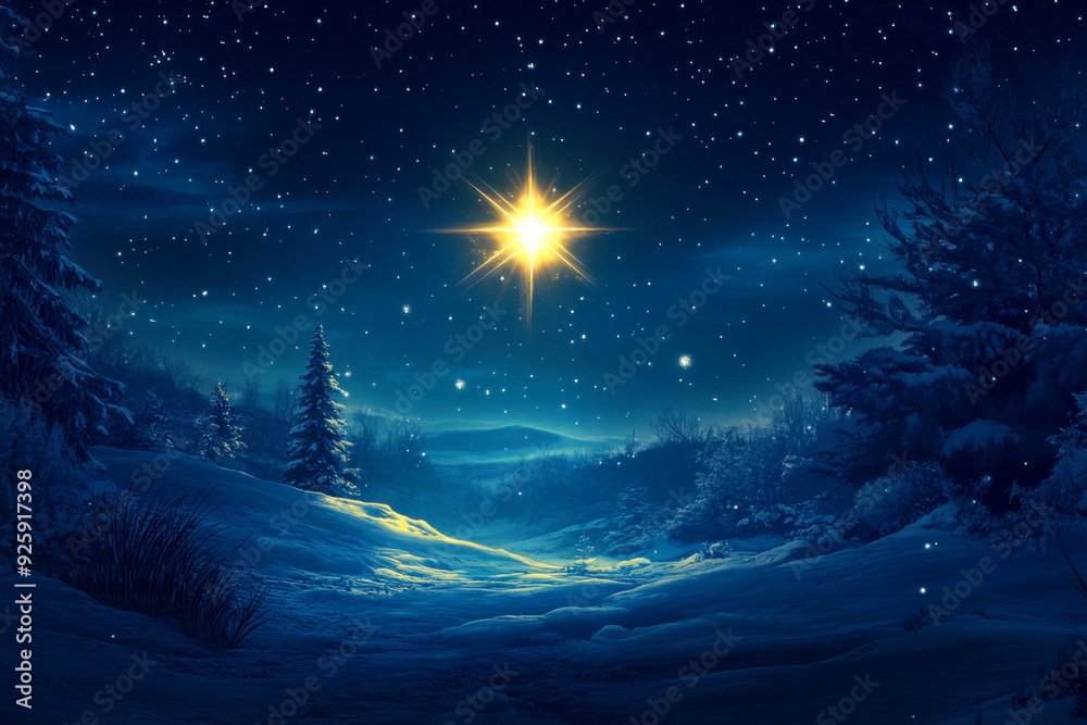 Naklejka premium A bright star shines over a snow-covered landscape at night