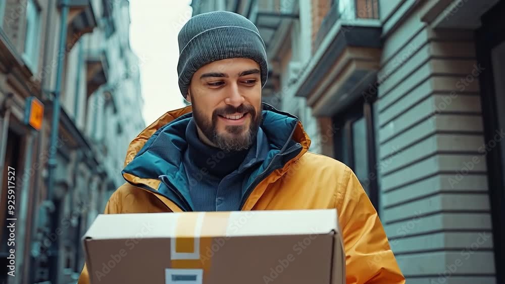 The courier is verifying the package for delivery. The courier is verifying the package for delivery.