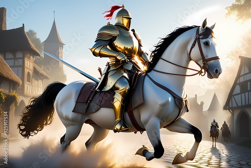 Knight on horseback in the medieval city. 3D illustration. photo