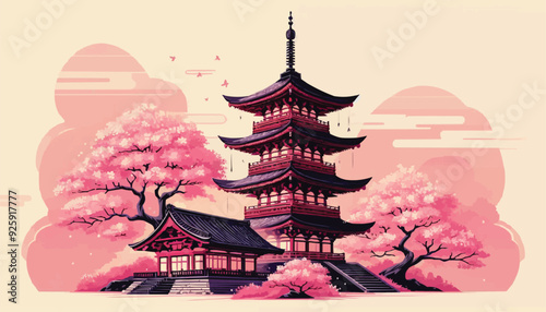 japanese pagoda and cherry blossoms