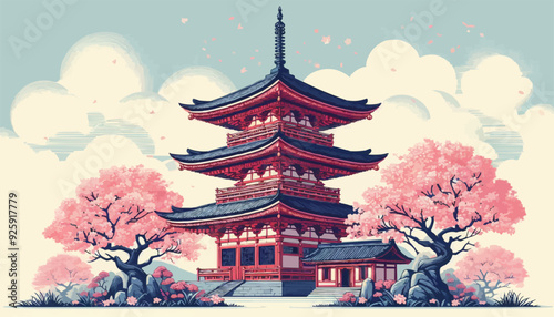 japanese pagoda and cherry blossoms
