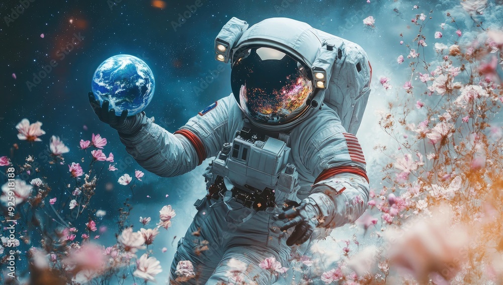 Astronaut holds Earth in space with flowers. Astronaut holds Earth in space with flowers.
